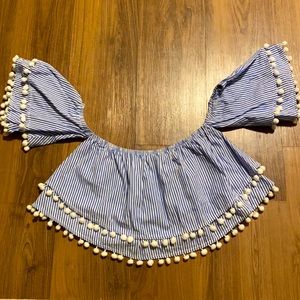 Forever 21 Off The Shoulder Striped Crop Top With Pom Pom Details